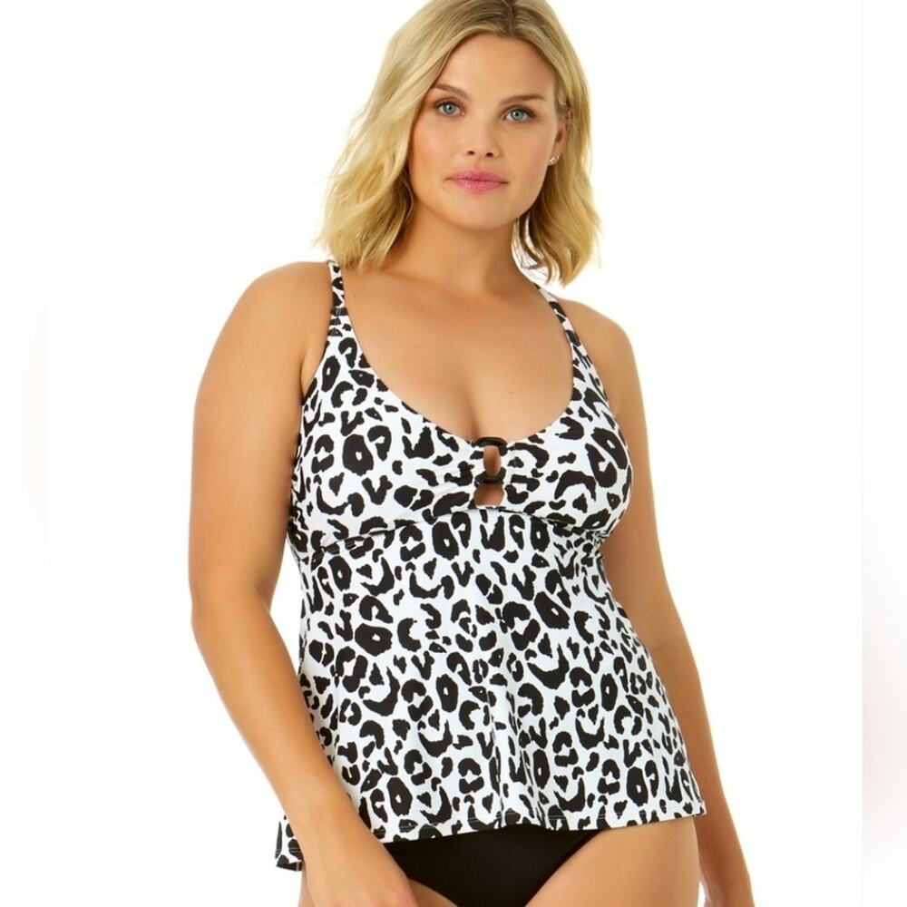 Anne Cole NWT Women's Size 18W Leopard Print Tankini Top Black White Swimwear#F7